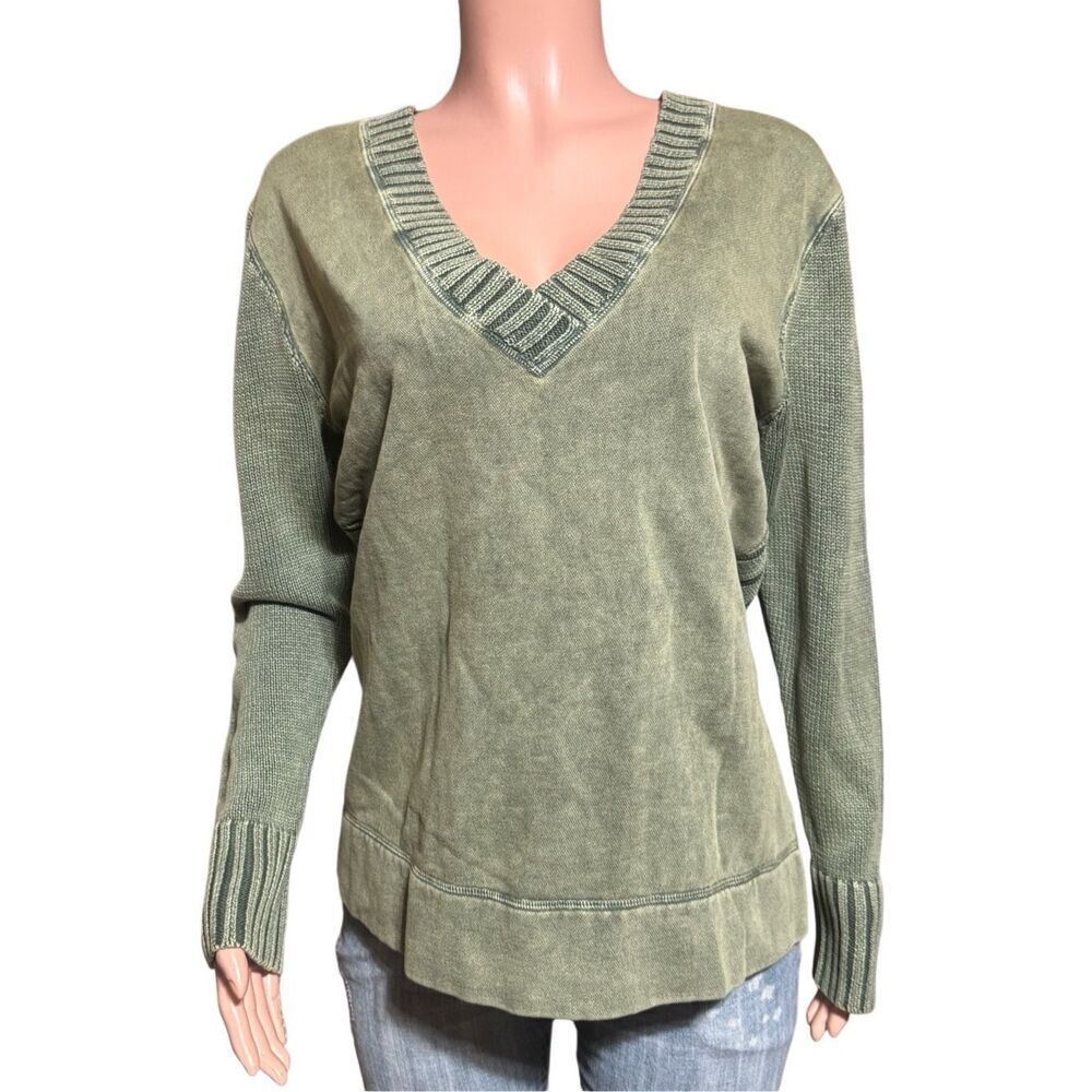 V neck knit fleece mix pullover sweater top  L
